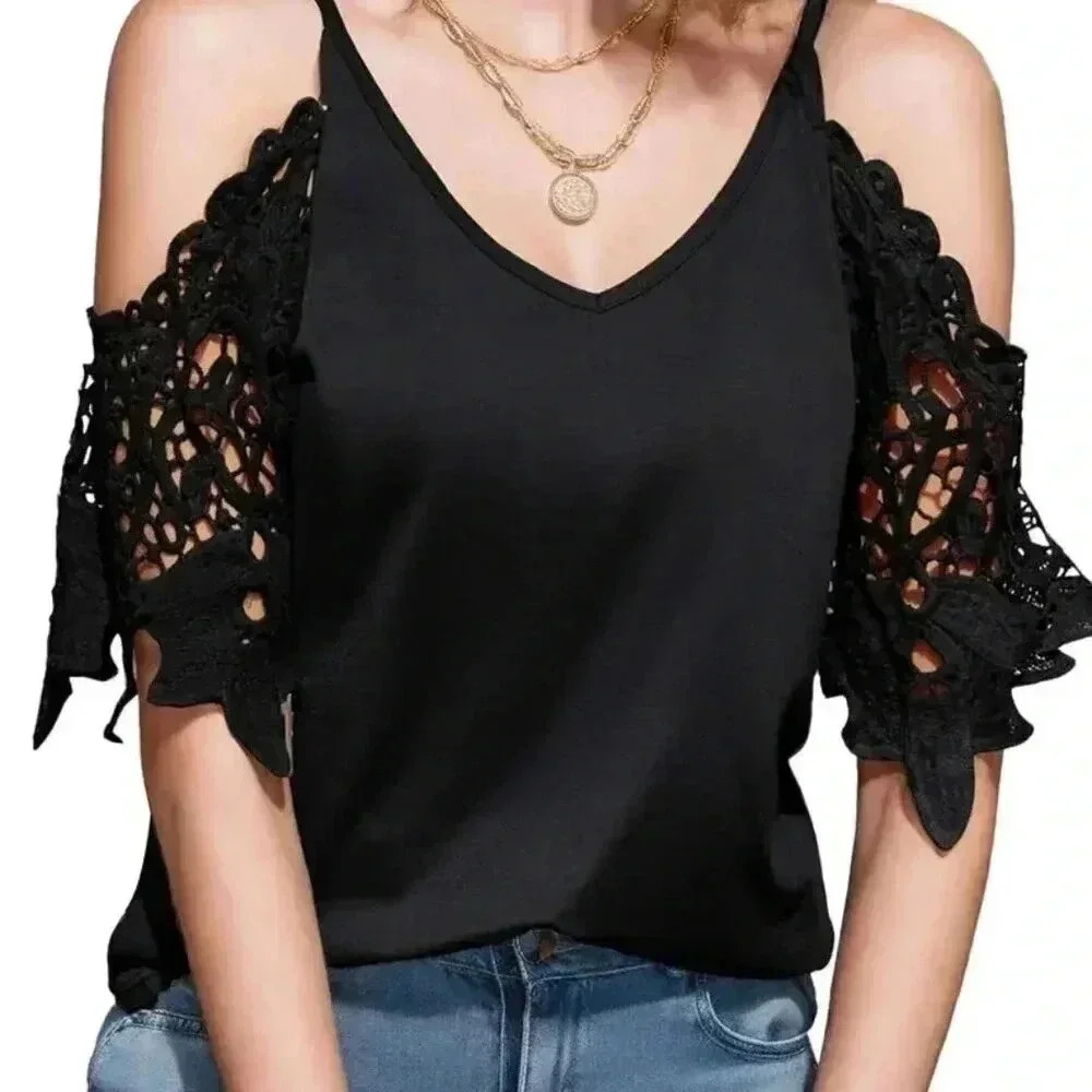 Sexy V Neck Off Shoulder Tops (Color: Black)